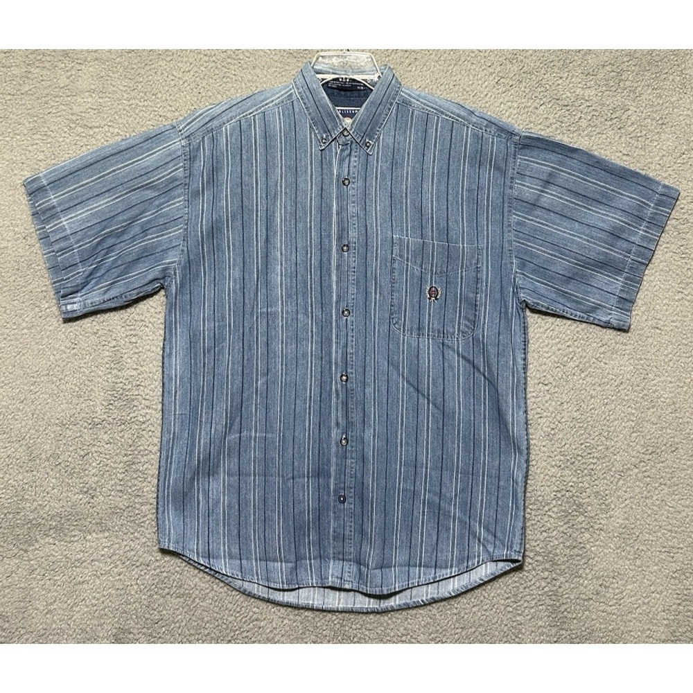 Vintage‎ COLISEUM JEANS Mens Large Blue Striped CREAST LOGO Cotton Denim Shirt